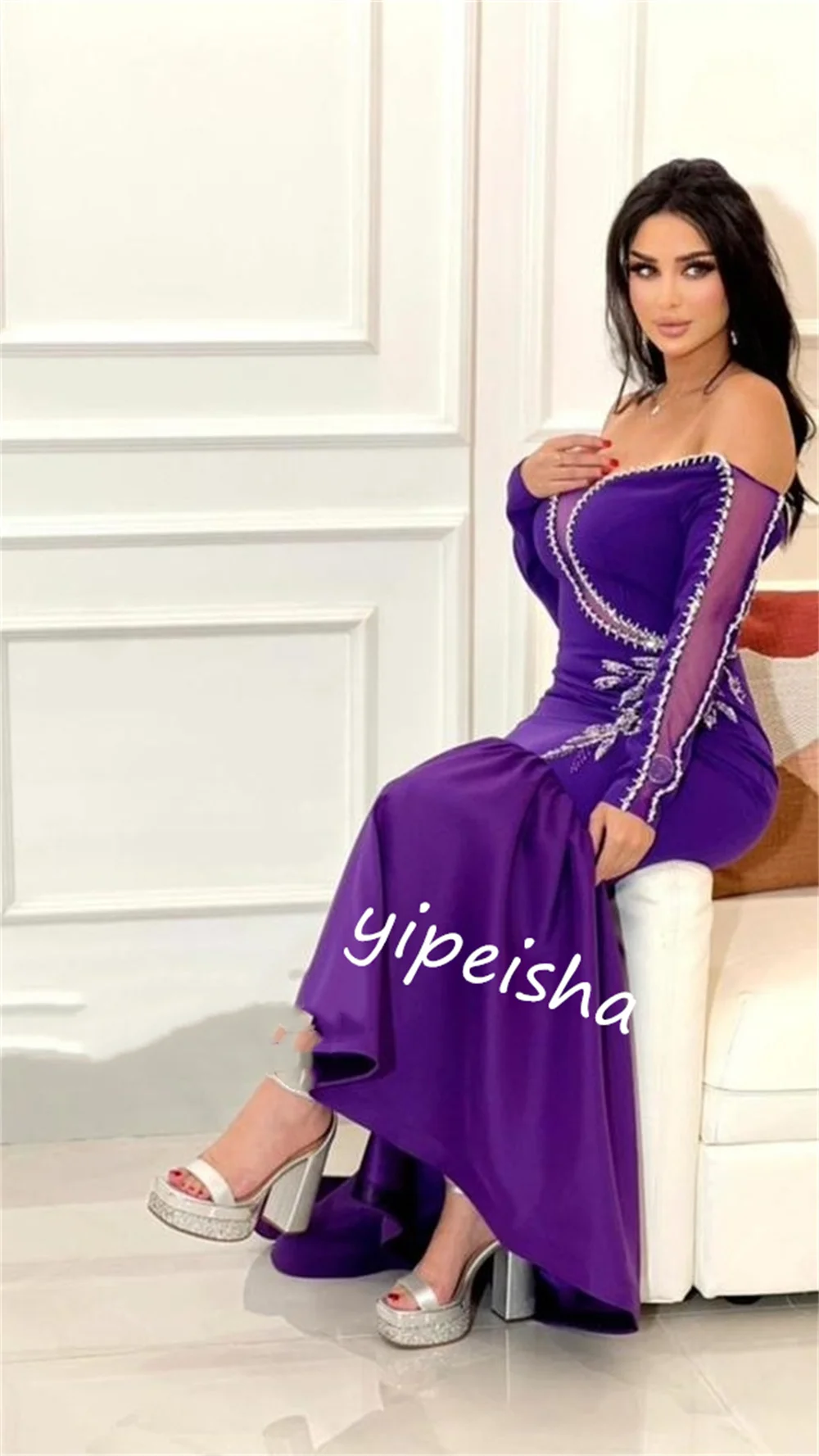 Customized  Evening Saudi Arabia Jersey Rhinestone Engagement Mermaid Off-the-shoulder Bespoke Occasion Gown Midi Dresses