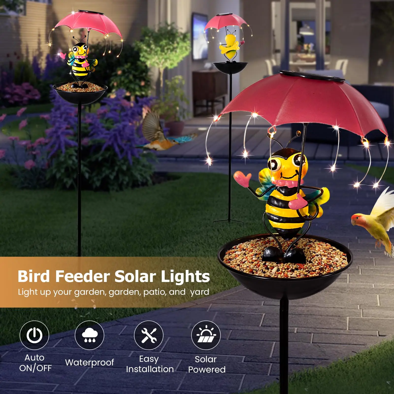 Bird Feeder Solar Garden Decor Waterproof Metal Wildbird Cardinals Hummingbirds Feeders with LED Lights, Gifts for Bird Lovers