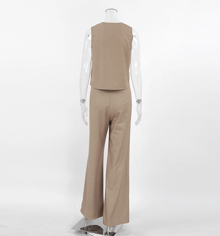 Two Piece Set Women Outfit Spring Versatile V-Neck Sleeveless Vest & Casual High Waist Pocket Design Wide Leg Pants Set