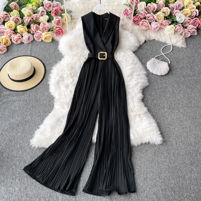 O Neck  Sleeveless Vest Jumpsuit Women High Waist Lace Up Slim Pleated Wide Leg Pant Bodysuit Vintage French Elegant Chic Romper