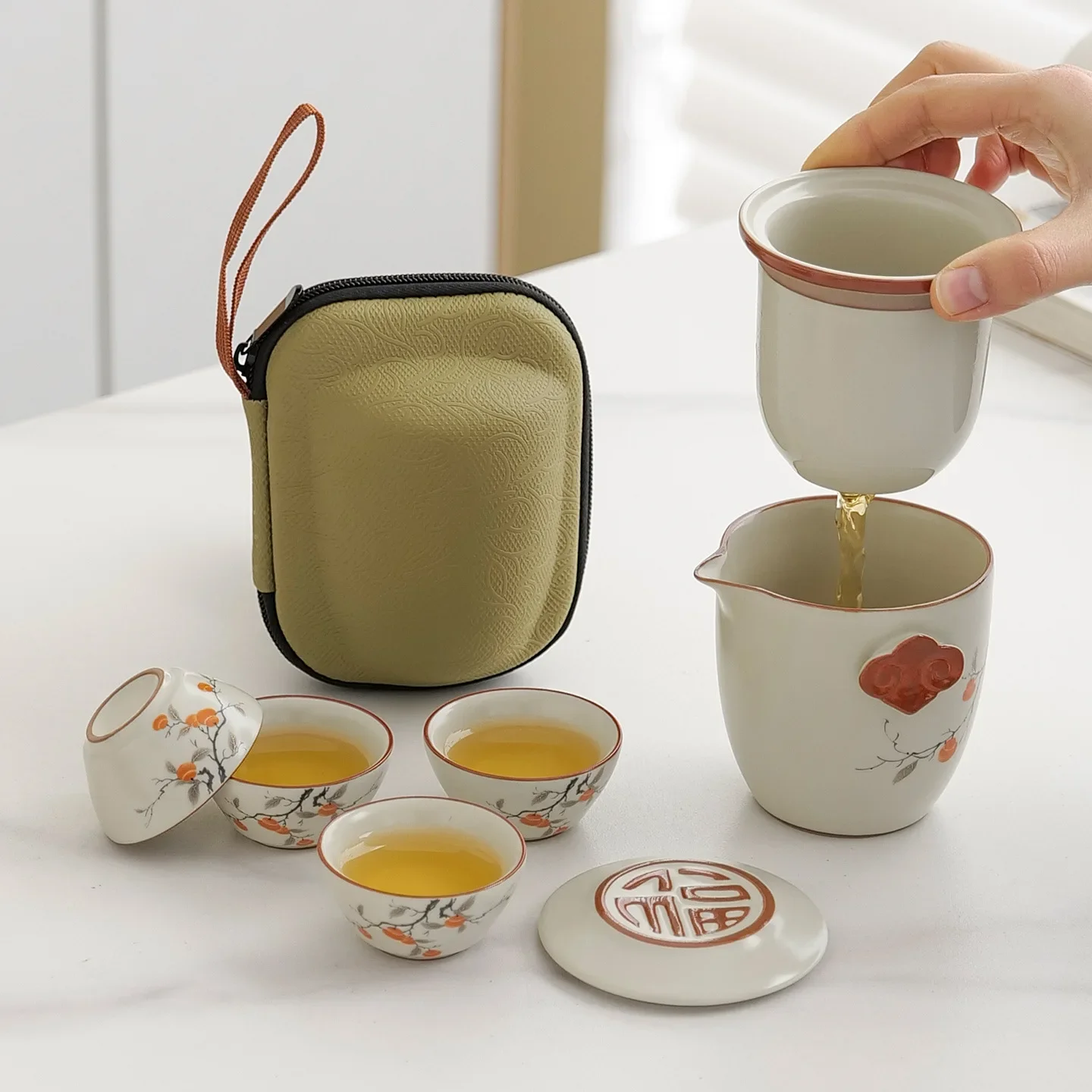 Portable Ru Kiln Travel Tea Set One Pot Four Cups Ceramic Teapot Camping Tea Tools Set Luxury Complete Set of Kung Fu Tea Cup