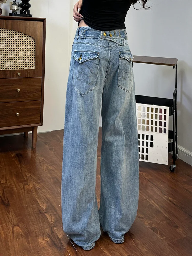 Large Size American Retro Hot Girl Design Faded Paris Adjustable Buckle Wide Leg Loose Floor-Length Denim Jeans Women's High ...