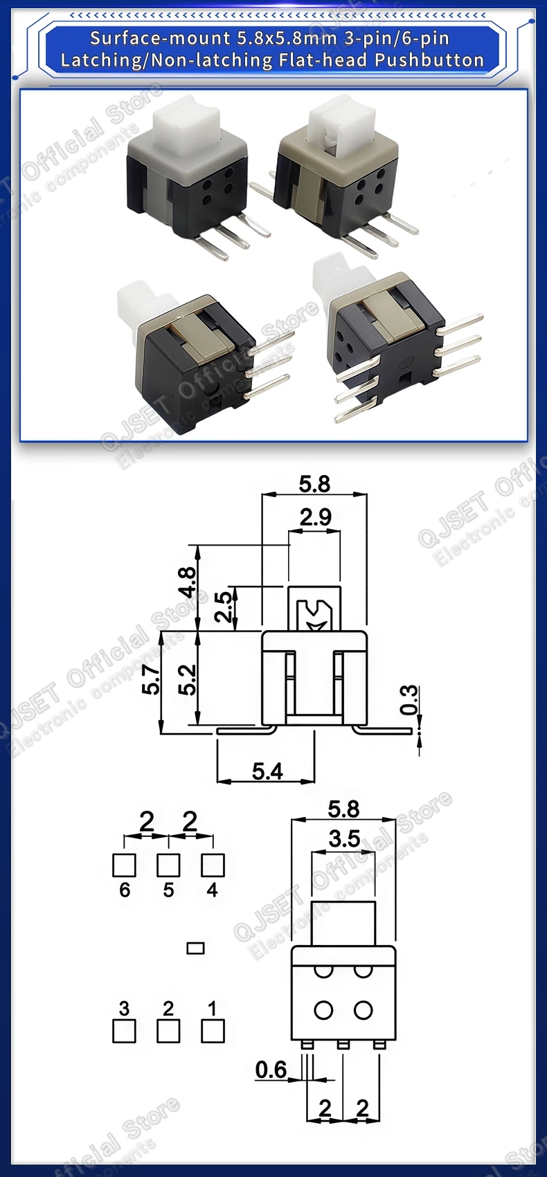 10 Stück 5,8x5,8 7x7 8x8 8,5x8,5mm Selbstverriegelnde/Nicht-verriegelnde Reset-/Multimeter-Taster, Taktiler Mikroschalter, 3/6-Pin Drucktastenschalter – Detail 10