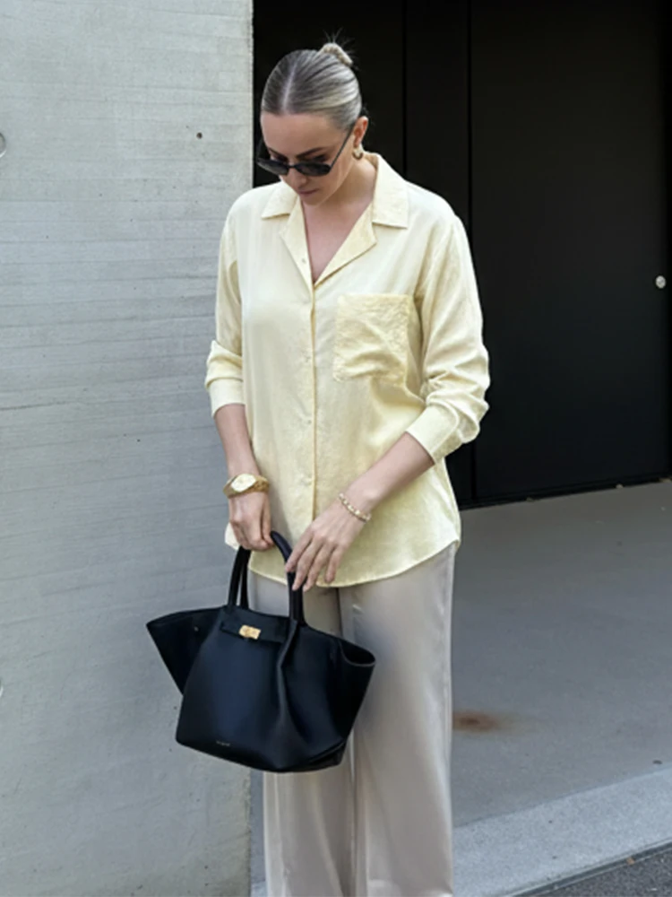 HH printemps femmes décontracté Simple chemises 2026 femme élégante poche broderie décoré à manches longues Blouses amples hauts de rue