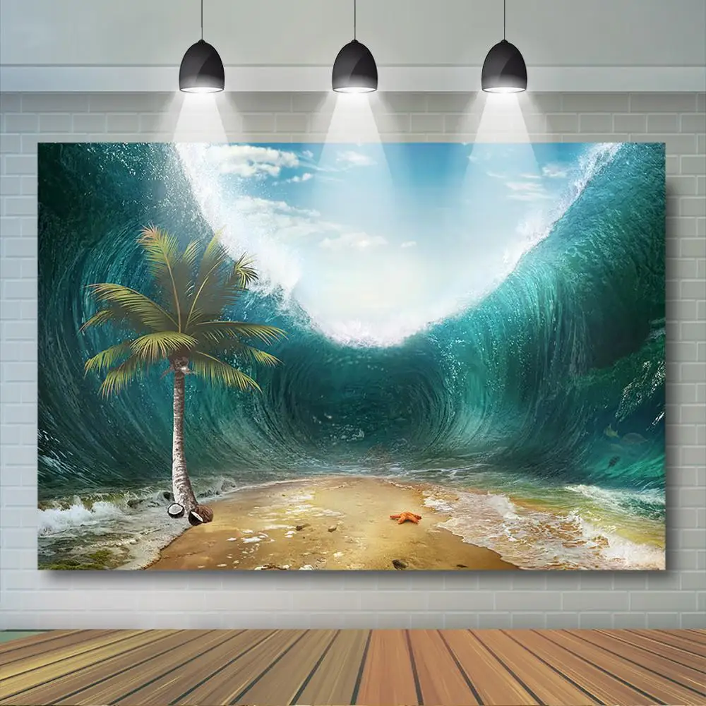Fondo de playa de verano Mocsicka, pancarta de fiesta hawaiana con flores tropicales, cielo azul, nube blanca, decoración hawaiana, telón de fondo de vacaciones