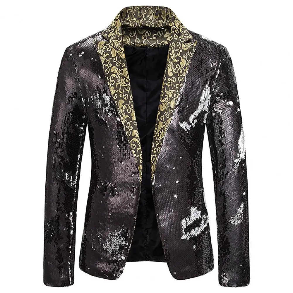 Shiny Sequins men Blazer New Year Party Shawl Collar Club Blazer Cardigan Shining Open Stitch Mid Length Performance Blazer