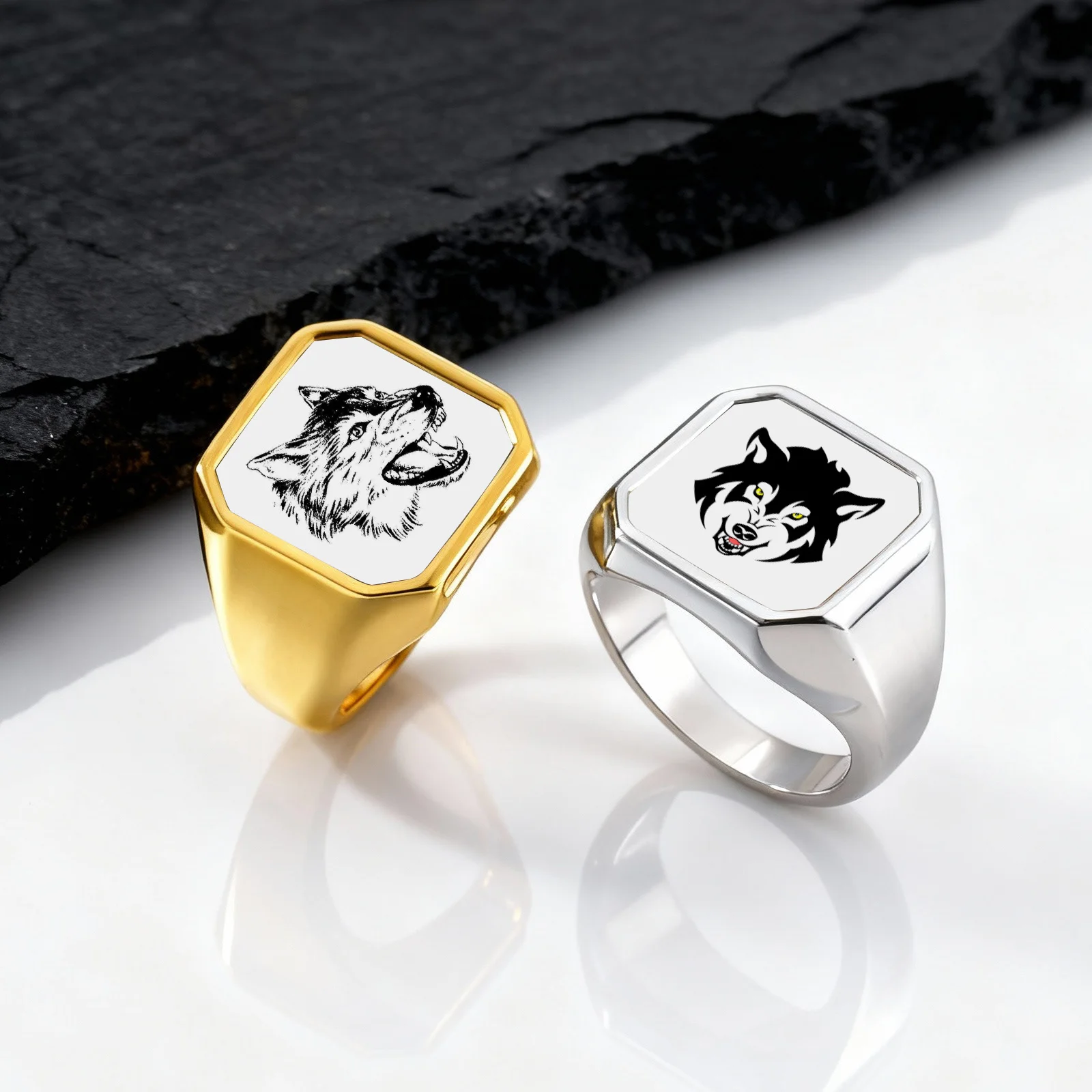 Custom Picture Ring for Men Boys,Stainless Steel Wolf Celtic Knot Image Signet Ring,School Club Badge Family Photo Ring