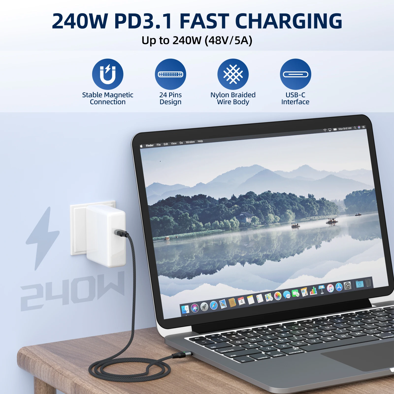 240W Magnetic Fast Charging Cable 2 in 1 USB C to Type C Charger Cable For iPhone 17 16 Samsung Huawei Xiaomi Redmi Laptop view 5