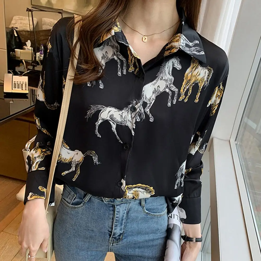 Stylish  Women Spring Shirt Casual Animal Pattern Lady Shirt Horse Print Loose Lady Autumn Shirt Lady Clothes