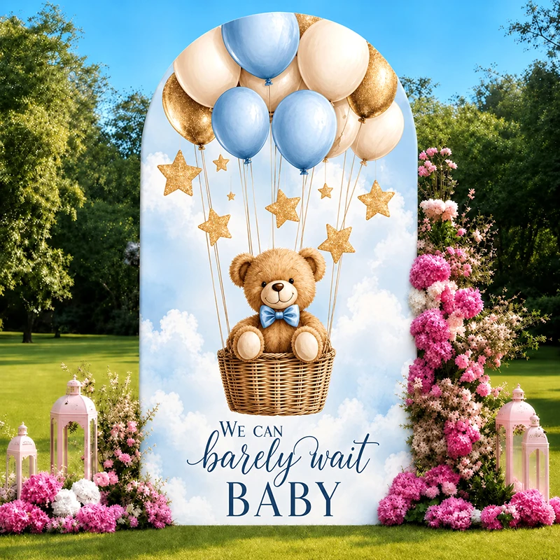 

Baby Shower Arch Backdrop Cover Gold Star & Sky Printed Hot Air Balloon for Newborn Baptism & Kids Birthday Party Decoration