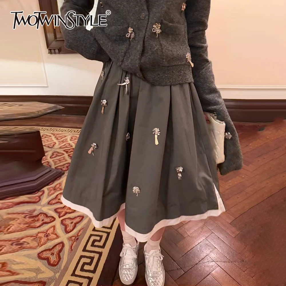 

TWOTWINSTYLE Solid Spliced 3D Flowers Minimalist Skirt Female High Waist Loose Basics Women's Skirts Autumn Style Fashion New