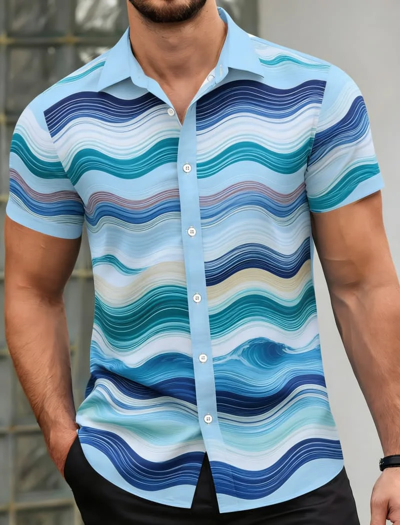 

Men's Casual Cool Geometric Print Short Sleeve Shirt - Modern Geometric & Animal Print Top For Summer Beach And Streetwear