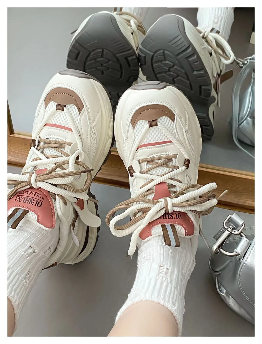 Mixed Colors Women's Shoes 2024 Spring New Mesh Breathable Retro Women Casual Shoes Thick Sole Heels Casual Sports Shoes 24-218