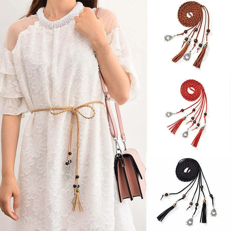 Handwoven Thin Waist Rope Fashion Women's Waist Chain with Pendant Fringe Decorative Belt for Dress Sweater Jeans