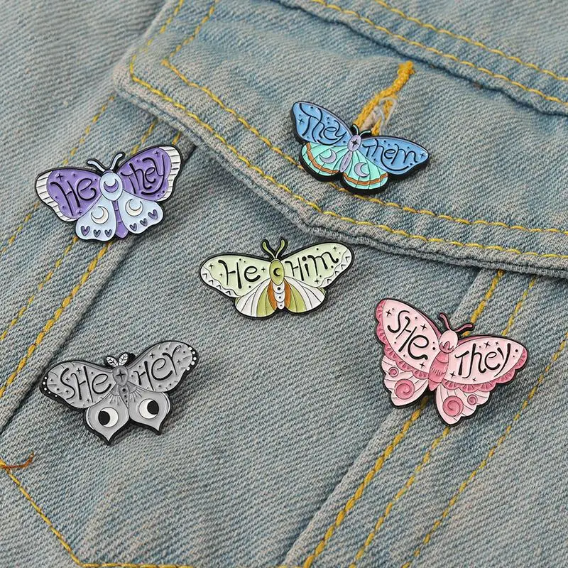 Pins Custom SHE HER HE HIM THEY THEM Brooches Lapel Badges Insect Jewelry Gift for Kids Friends Butterfly Pronouns Enamel