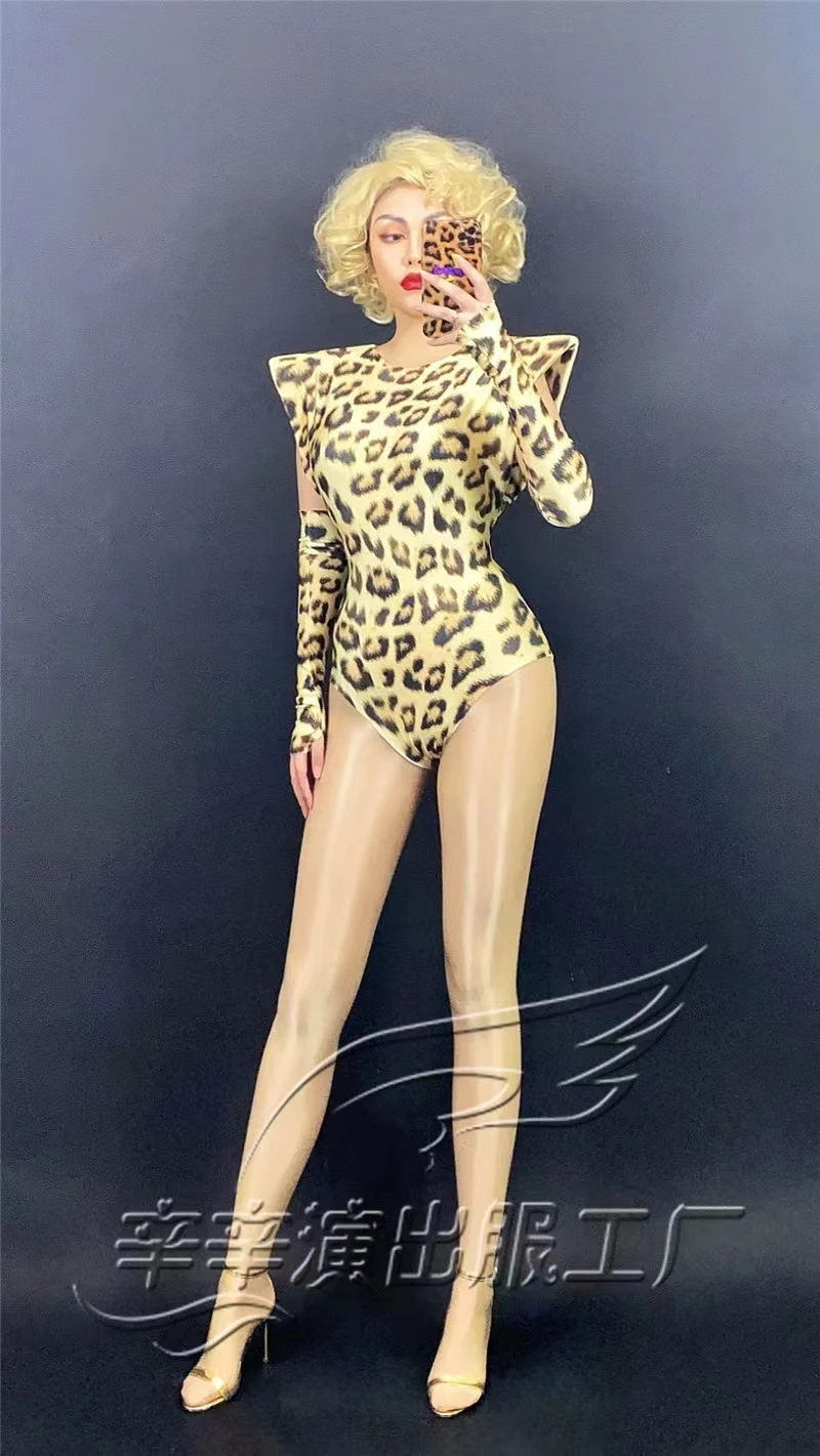 Women Sexy Nude Leopard Print High Fork Jumpsuit Nightclub Female Singer Ds Stage Wear Party show Theme costumes