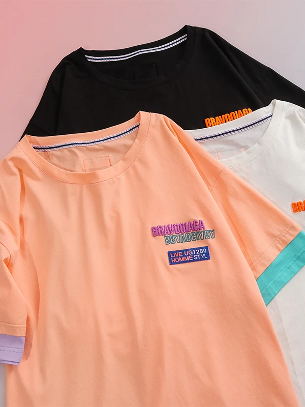 Camiseta Bordada de Manga Curta Estilo Coreano, Gola Redonda Solta, Tamanho Grande, Color Block, Vitalidade Jovem, Mistura de...