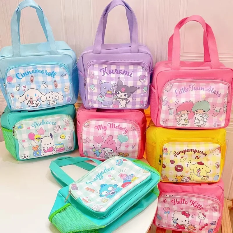 Sanrio kartun genggam multi-saku Kuromi Cinnamoroll tas kotak makan siang portabel keluar-going tas kotak makan siang kapasitas besar