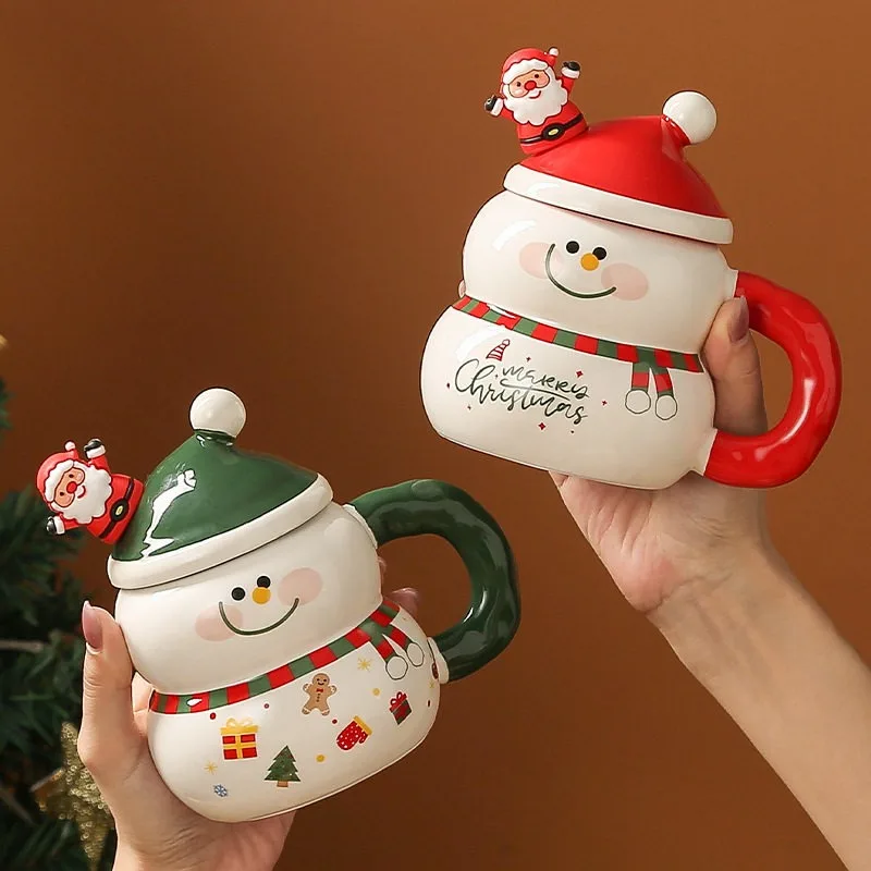 Christmas Ceramic Cup With Lid Spoon And Gift Box, Santa Claus Snowman Mug, Water Cup, Holiday Gift