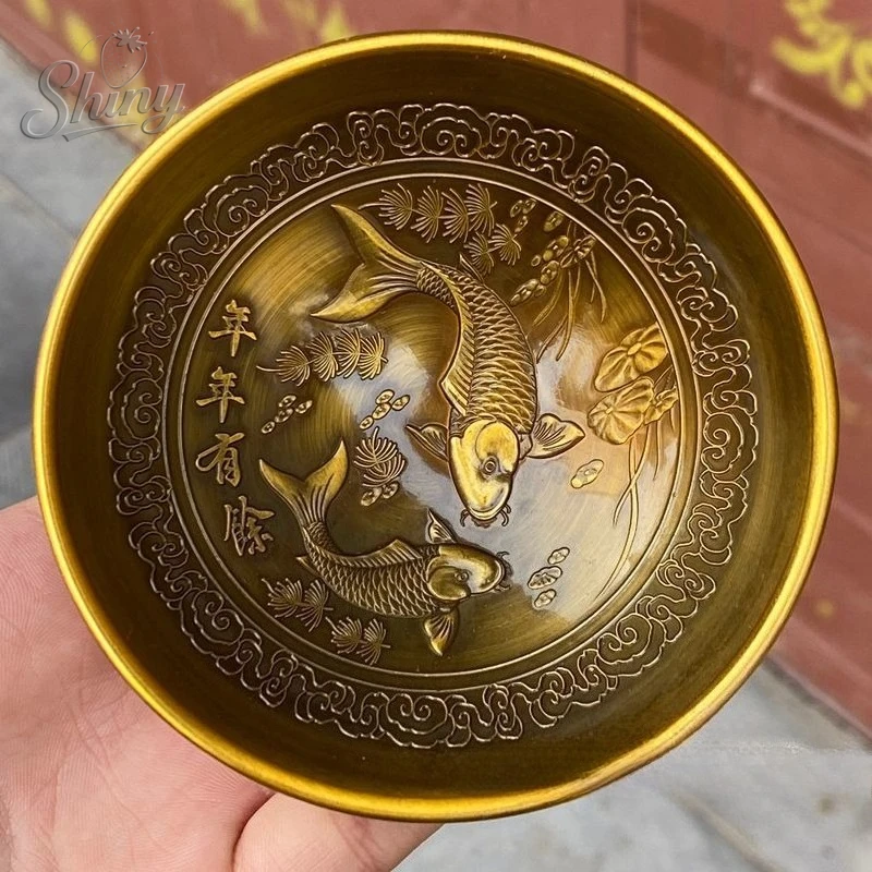 Vintage Brass “Abundance of Fish” Bowl Flowering Prosperity Tea Bowl & Rice Bowl Home Table Decorative Ornament