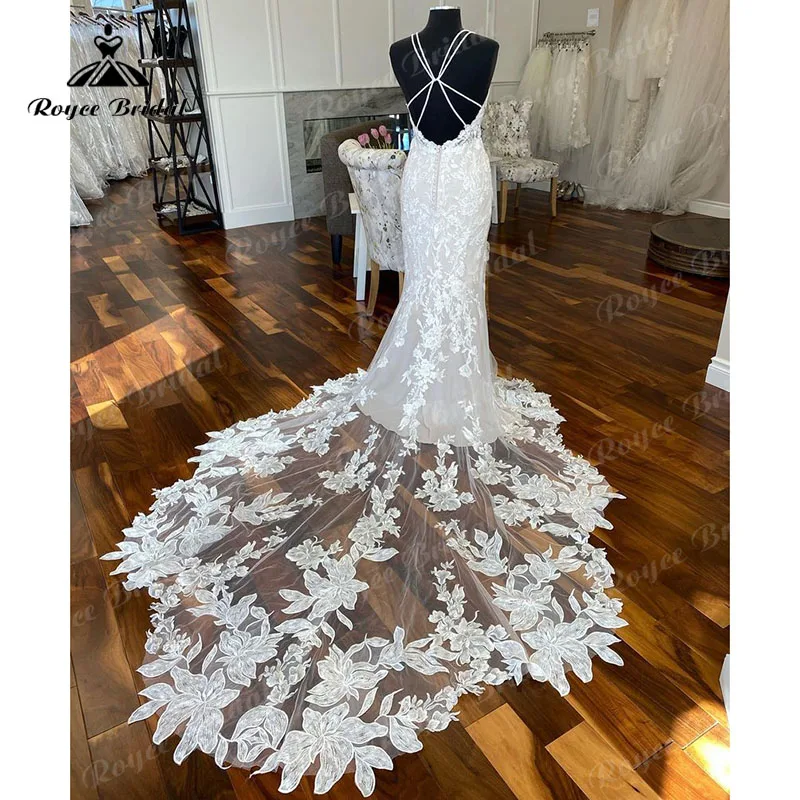 Luxury V Neck Lace Appliques Spaghetti Straps Wedding Dress Mermaid/Trumpet Court Train Vestido De Novia Wedding Gowns for Women