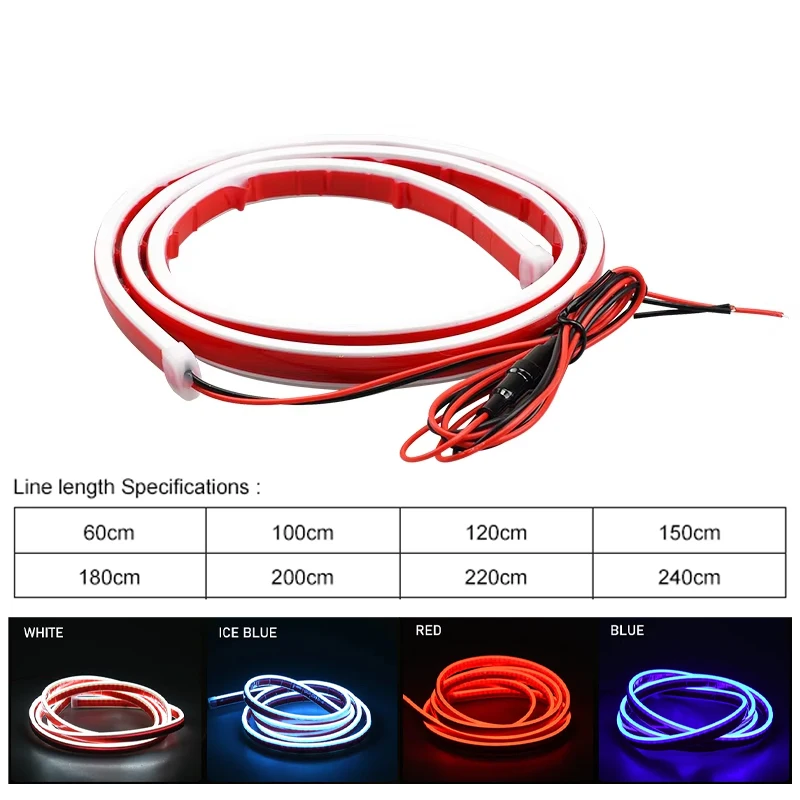 12V Car LED Daytime Running Light Scan Starting Car Hood Light Strip 1.5m/1.8m/2m/2.2m/2.4m Waterproof Auto Decorative Neon Lamp