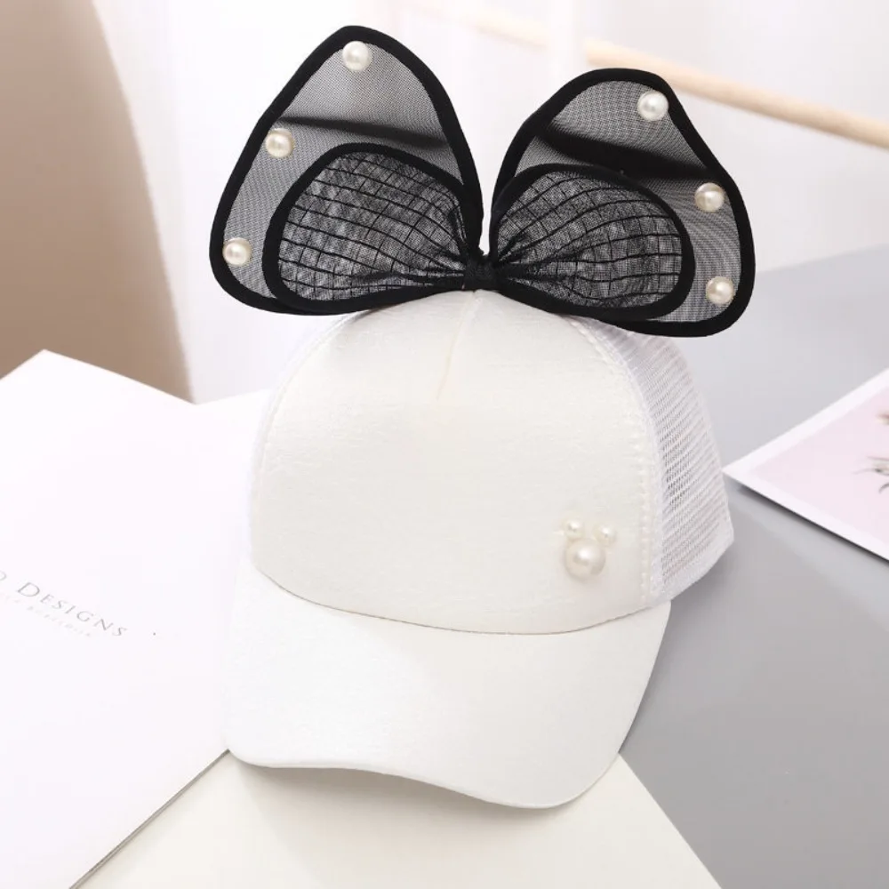 

Sweet Big Bowknot Girls Baseball Cap Mesh Breathable Pearl Sun Hat Long Brim Adjustable Children Peaked Caps