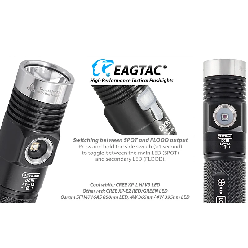 EAGTAC DX30LC2-SR اللون XPL HI مع الجانب LED 365NM 395NM UV الأحمر LED 850NM IR الأخضر LED مع الجانب XPL HI مصباح يدوي قابل لإعادة الشحن