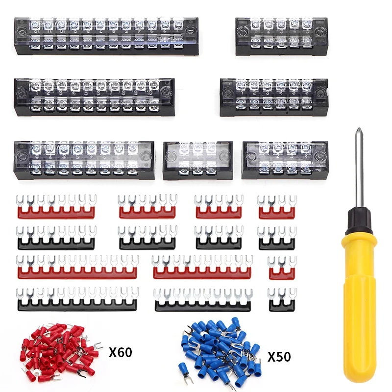 132Pcs Terminal Block Set,3-12 Positions 600V 15A Dual Row Screw Terminal Strip Block+110Pcs Cold Press Terminal