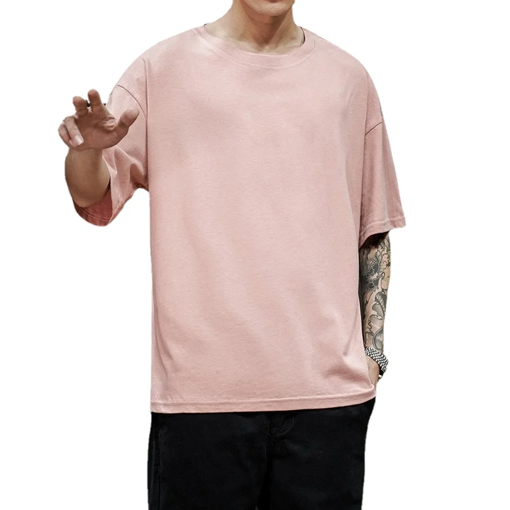 Cotton New Summer Men's T Shirt Solid T Shirt Mens Oversized Five Half  Short Sleeve Casual Cotton Mens Streetwear Top Tees 100%