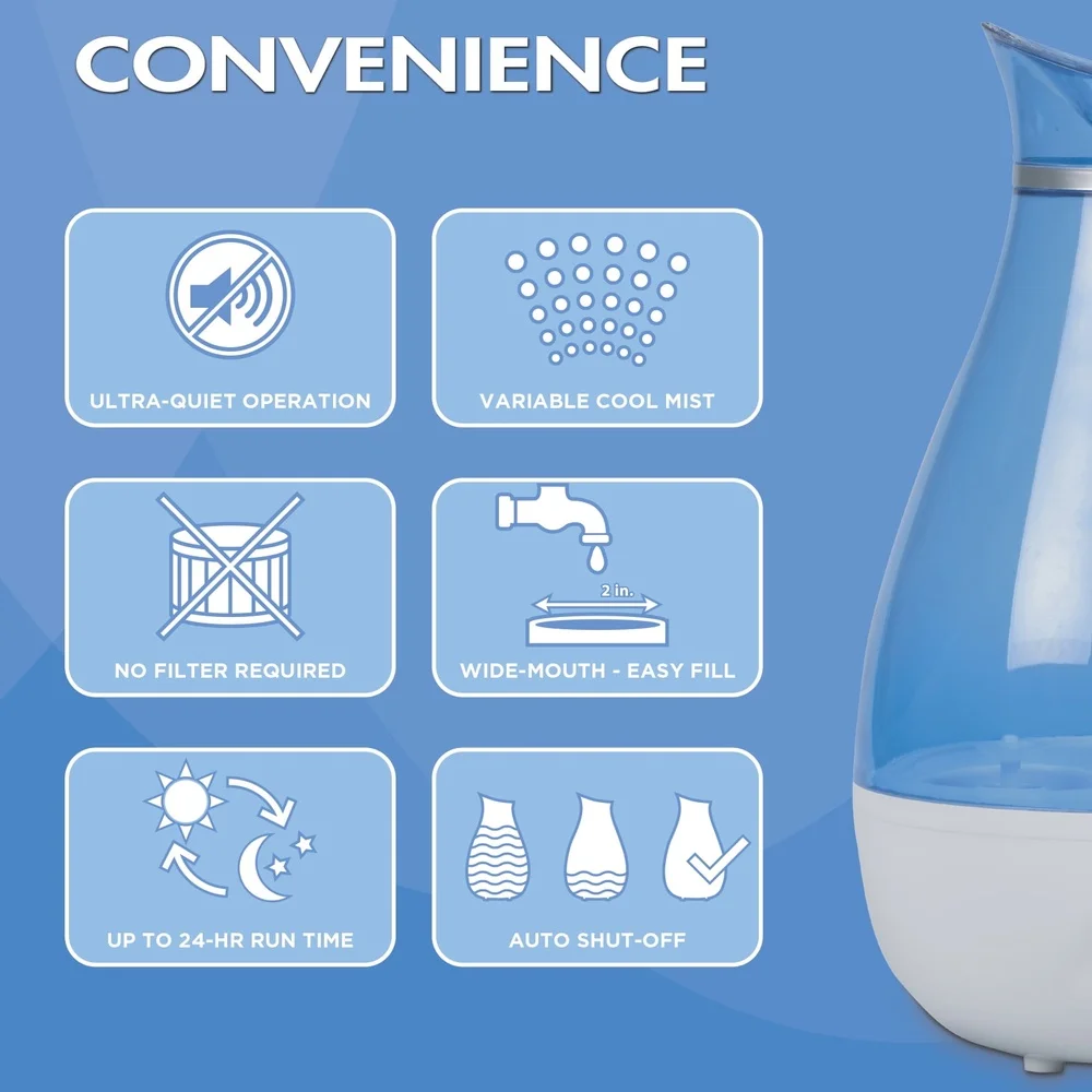 Cool Mist Ultraschall-Luftbefeuchter, 24-Stunden-Laufzeit, kein Filter erforderlich, ideal für mittlere Räume, flüsterleiser Betrieb, Luftfeuchtigkeitsentlastung