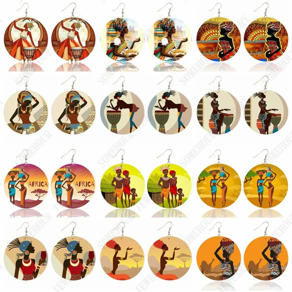 SOMEHOUR Africa Tribal Art Printed Wooden Dangle Drop Earring For Women Afrocentric Ethnic Headwrap Paint Vintage Loops Jewelry