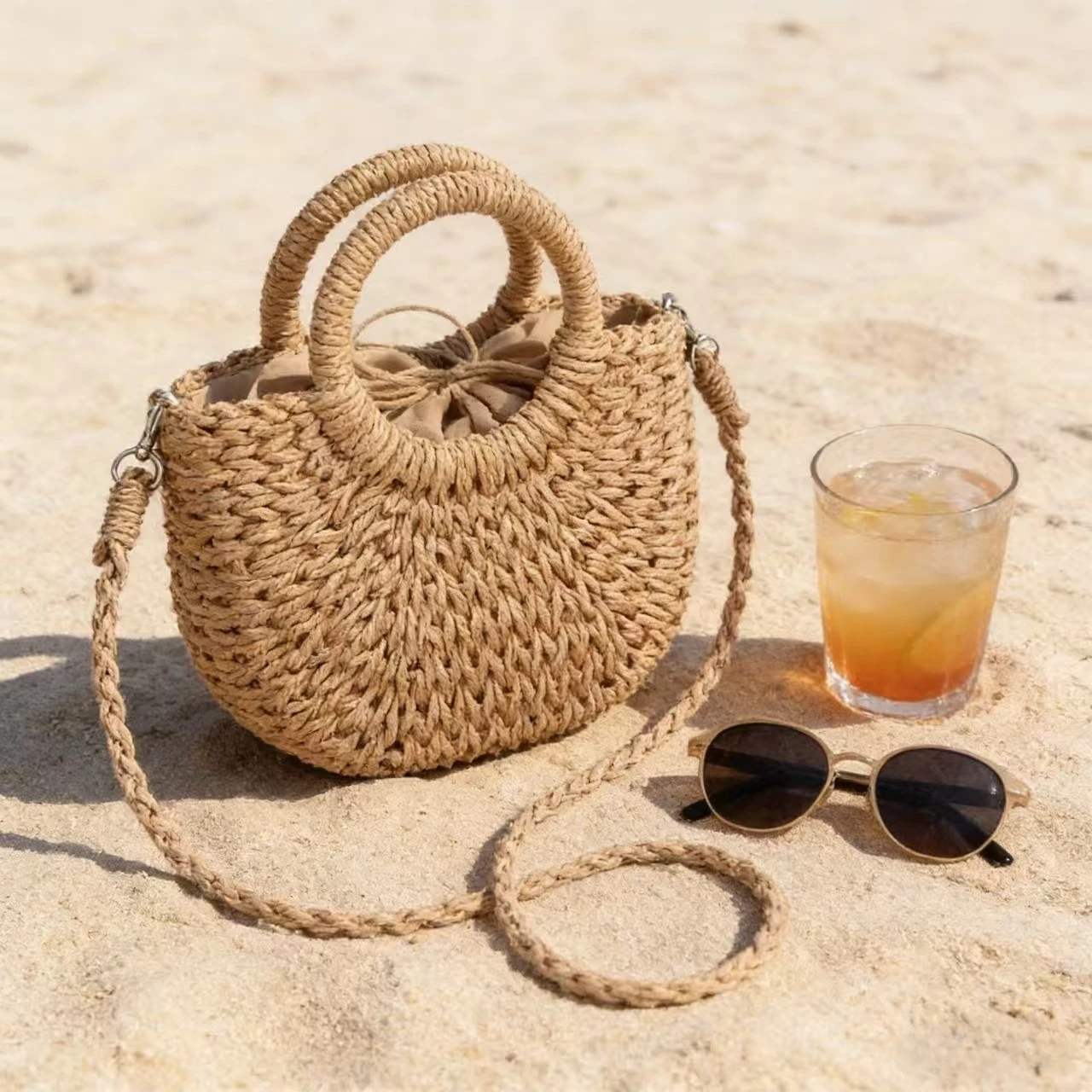 2026 NEW Summer Women  Handmade Weave Straw Rattan Half-Moon Beach Handbag Large Capacity Hollow Crossbody Shoulder Bag