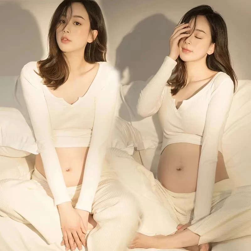 Women Photography Props Maternity Pregnancy White Knitted V-neck Sweater Pant Casual Studio Shooting Photoshoot Clothes