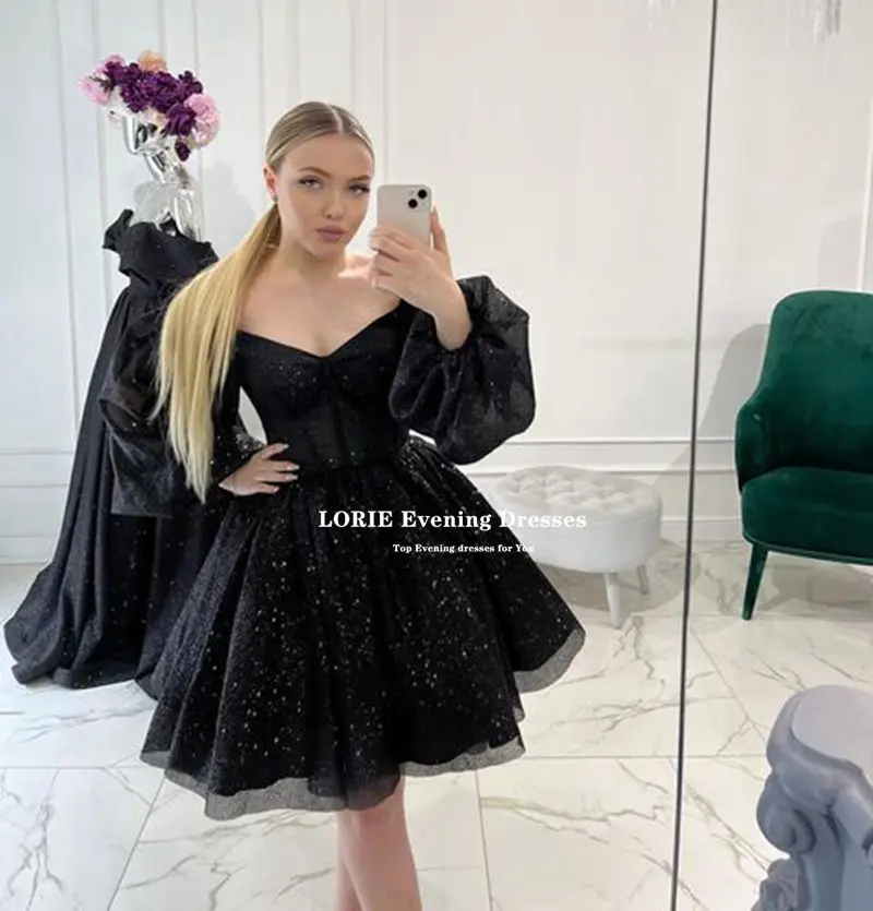 LORIE Black Short Evening Dresses 2022 Formal Gliiter Tulle Prom Party Gowns Strapless Puff Sleeves A-line Beach Princess Dress