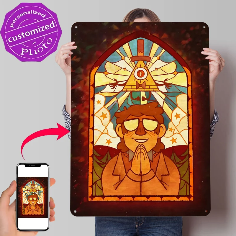 Bill Cipher and Dipper Pines Stained Glass Printed Poster Customized Wall Art Retro Vintage Metal Tin Signs for Home Decor Room
