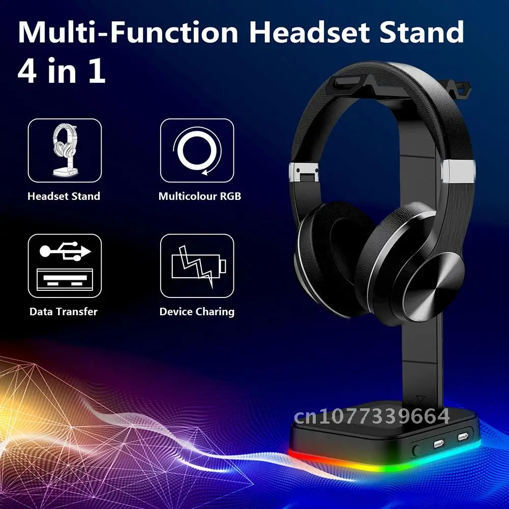 

Earphone Holder Hub with 2 USB Charging Ports RGB Headphones Display Stand Compatible Gamer Gaming PC Desktop Computer Notebook