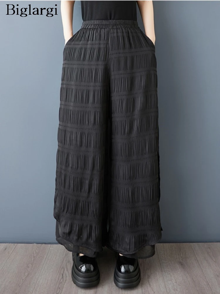 

Oversized Spring Summer Elastic High Waist Pant Women Pleated Patchwork Fashion Casual Ladies Trousers Loose Wide Leg Woman Pant