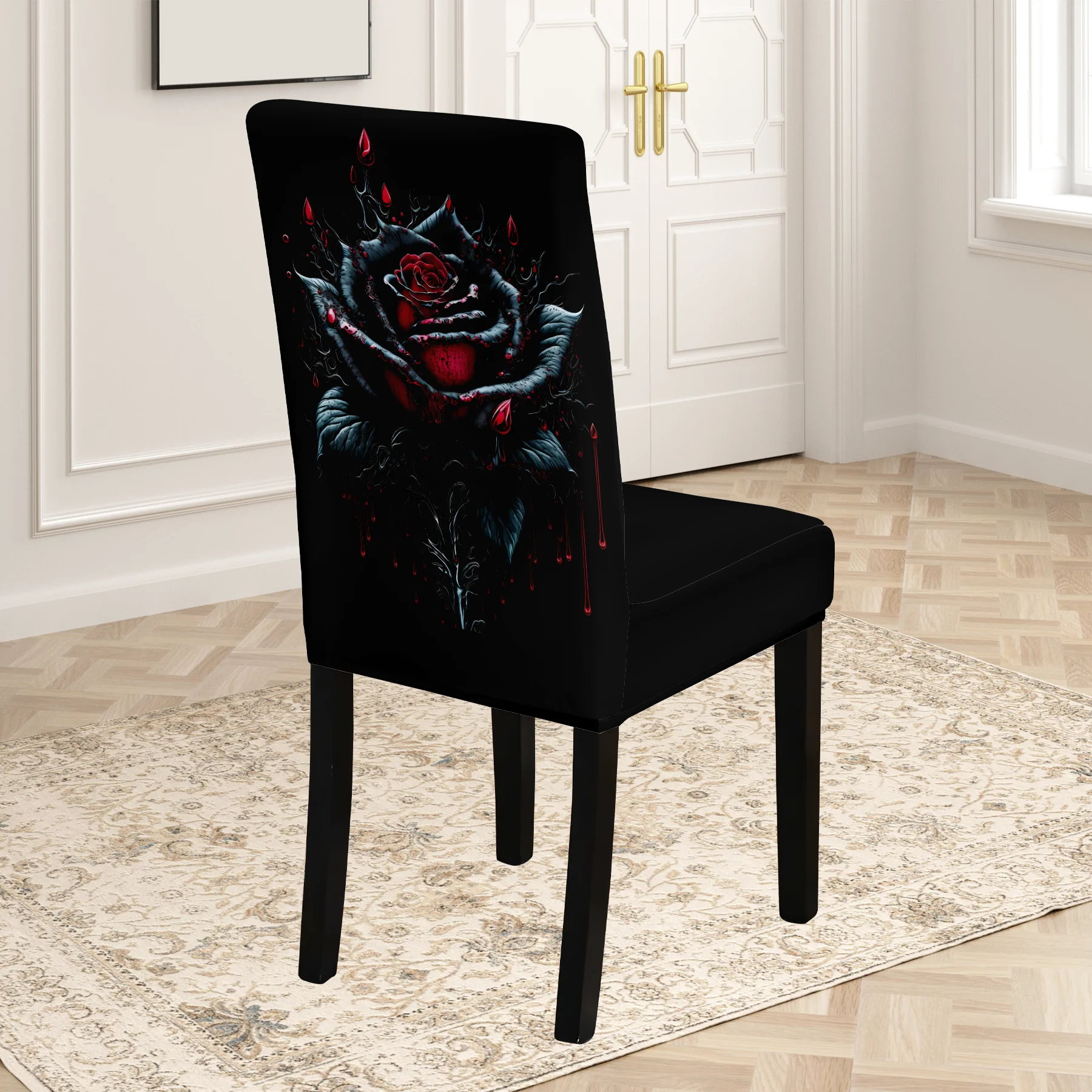 2D 2026 New Elastic Full - Coverage Chair Cover, Romantic Bloody Rose Printed, Washable & Fade - Resistant