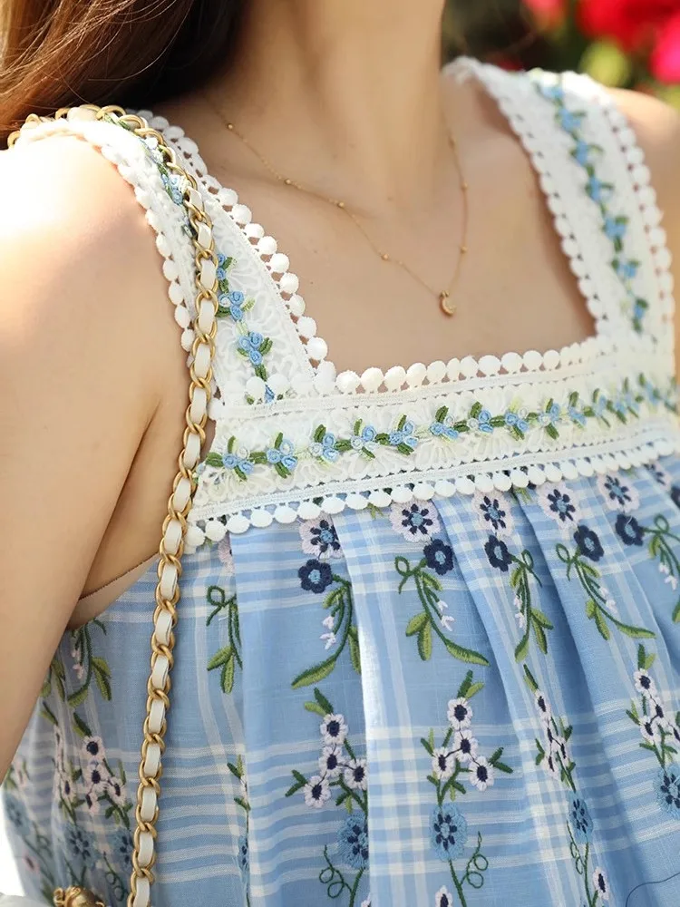 94-102cm Bust Summer Holiday Maxi Dresses Women Elegant Slim Sleeveless Luxury Embroidery Comfortable 100%Cotton Blue Vest Dress