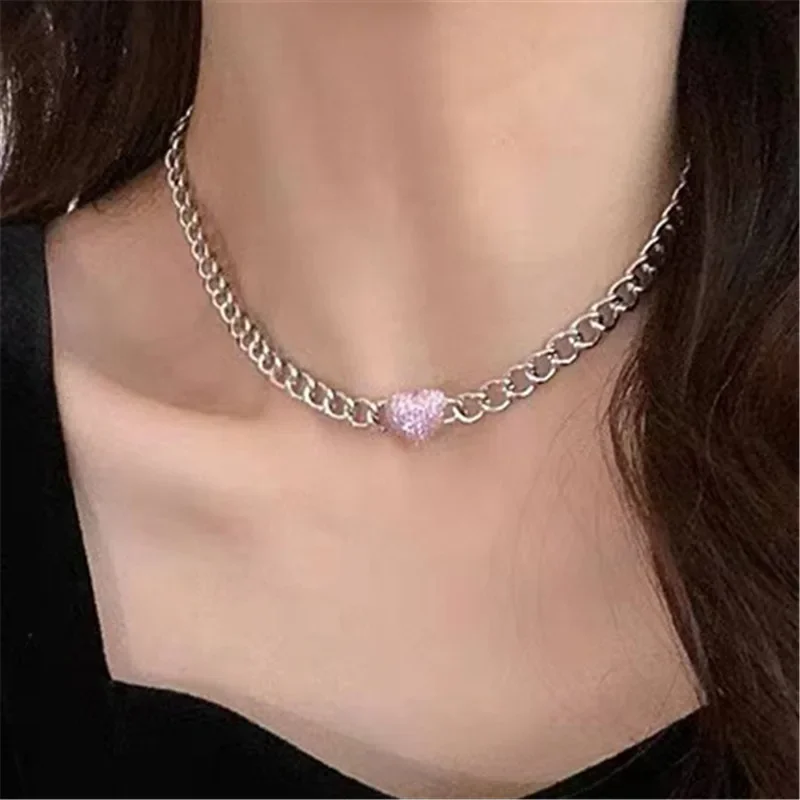 Hip Hop 4MM Wide Snake Bone Chain Heart Pink White Gemstone Necklace for Women 925 Sterling Silver Fine Jewelry Gift