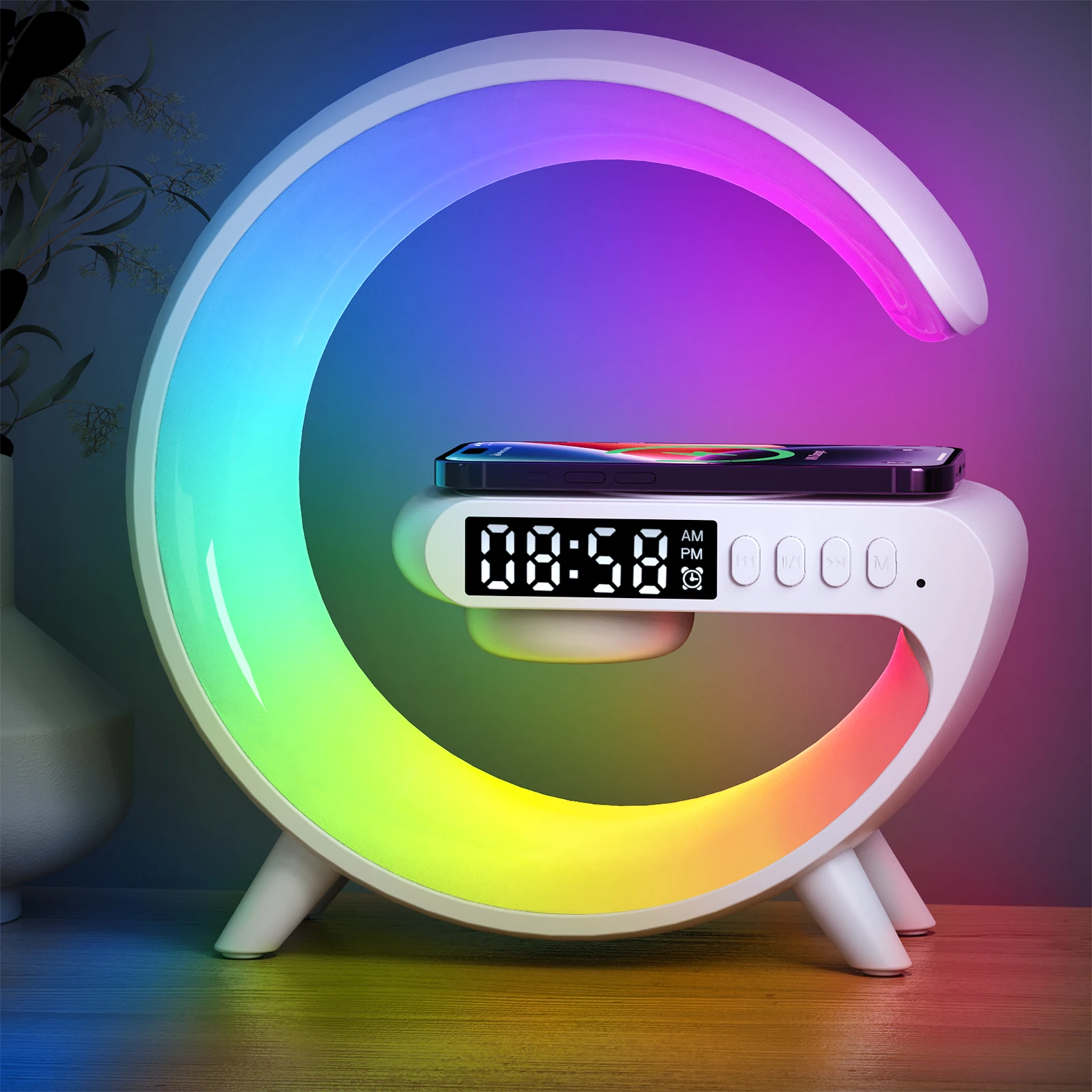 COLSUR-Lámpara Led para mesita de noche, reloj despertador, Altavoz Bluetooth, cargador inalámbrico, música, decoración del hogar, lámpara de mesa