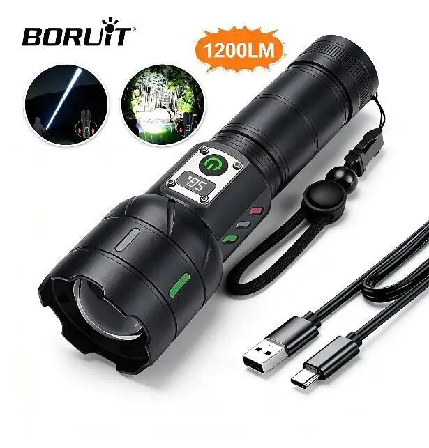 BORUiT A15 Flashlight Digital Power Display Zoomable External 26650 Battery Type-C Rechargeable Waterproof Outdoor Camping Torch