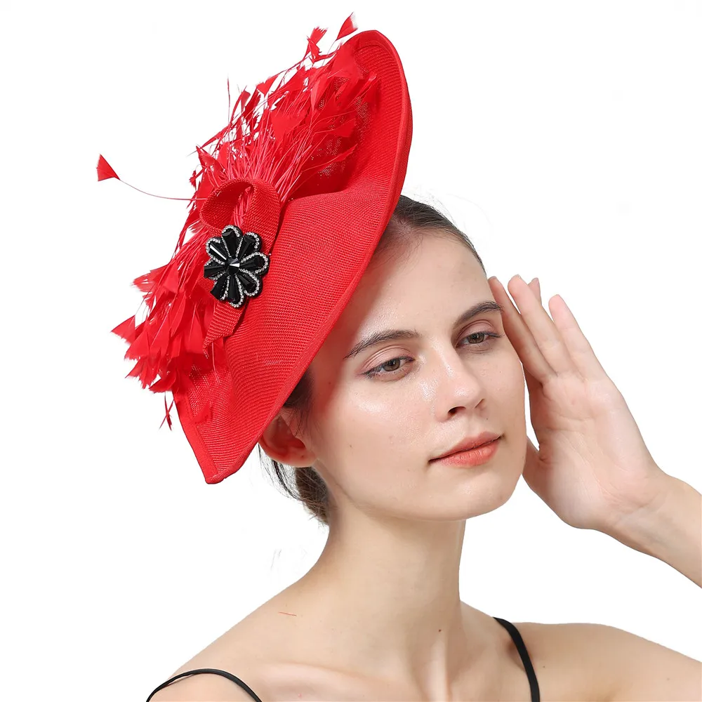 

Feather Red Hats Fascinators Women Party Tea Chapeau Caps Ladies Elegant Headwear Hair Clips Kenducky Derby Church Headpiece