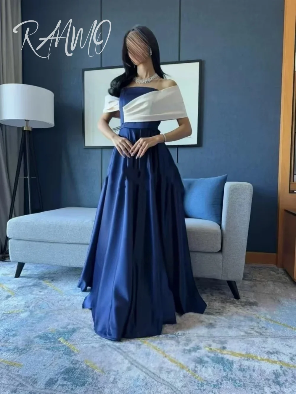 Ranmo синее и белое вечернее платье без бретелек по индивидуальному заказу атласное трапециевидное атласное арабское платье для выпускного вечера свадебное платье Vestidos de fiesta