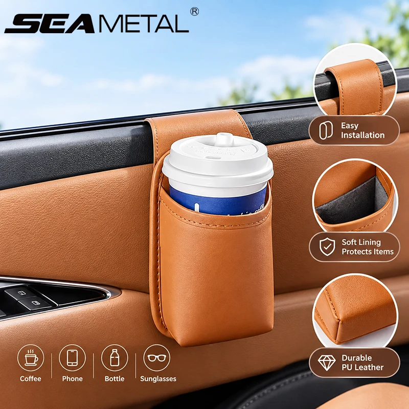 SEAMETAL Car Door Storage Bag for Drink Phone Sunglasses Holder Pu Leather Side Door Paste Bags Bottle Support Hanging Pocket