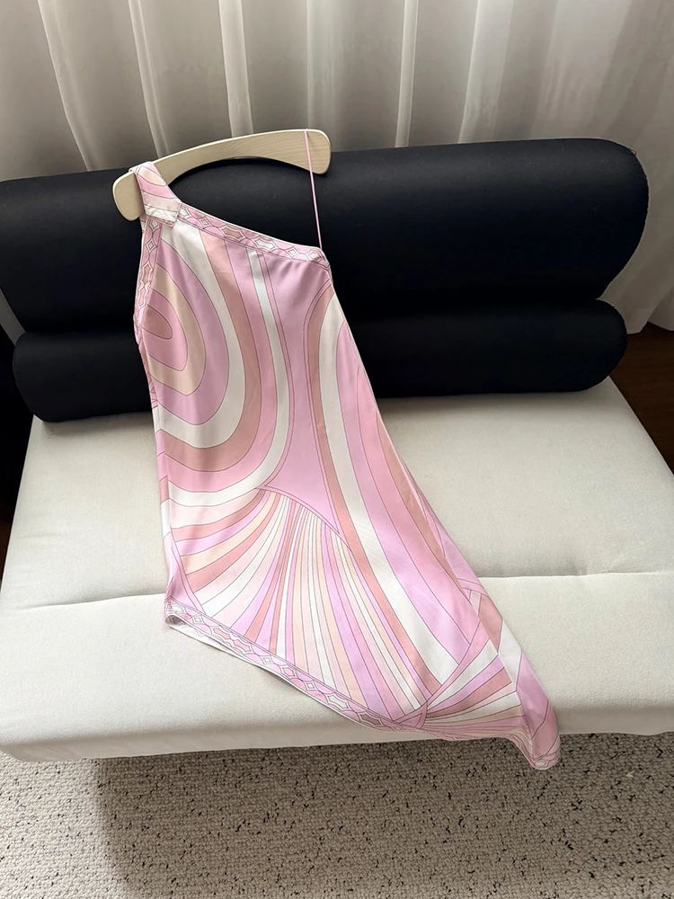 Spring Summer Fashion Geometric Print Slik Asymmetrical Long Dress Women's Party Sexy Single-shoulder Crossbody Elegant Dresses