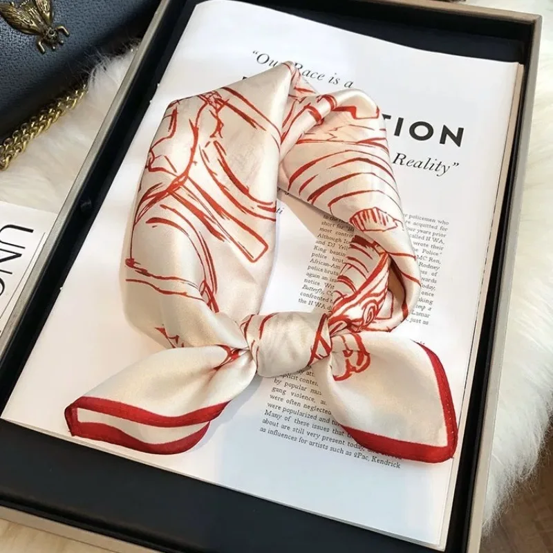 

French Minimalist Hand Drawn Horse Harness Small Square Scarf Ladies Cream Red Border Satin Neck Scarf Headband Bag Decor