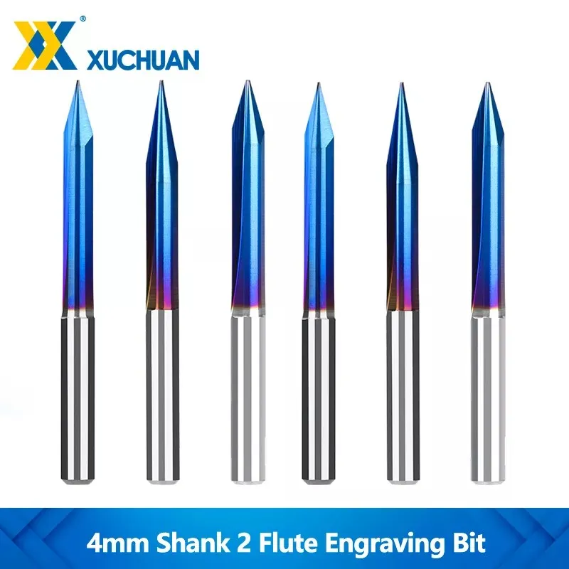 Carbide End Mill 4mm Shank 2 Flute Straight V Engraving Bits 15-30 Degrees Nano Blue Coated Engraving Bit CNC Carving Bits