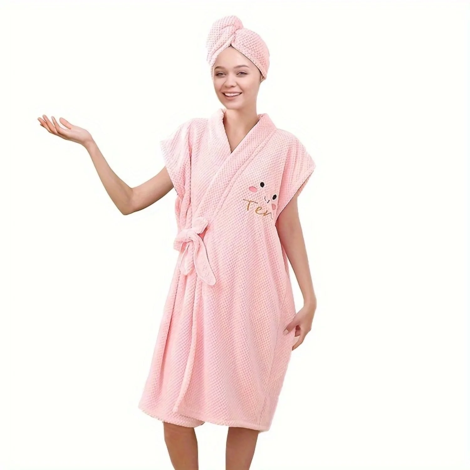 Wearable Bath Towel Wrap with Smiling Face Pattern, Quick-Drying Robe - Contemporary Bathroom Supplies